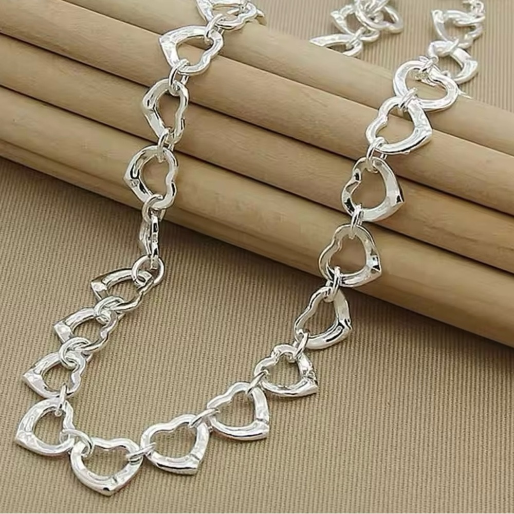 Sterling Silver Plated Heart Charm Silver Necklace - Picture 4 of 5
